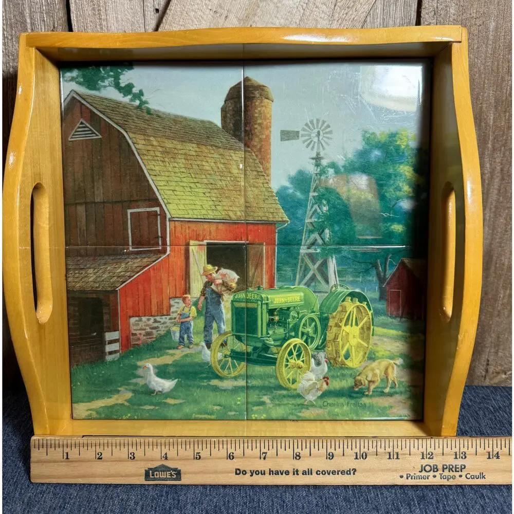 John Deere Serving Tray 4 Porcelain Tiles Barnyard Picture by Charles Freitag